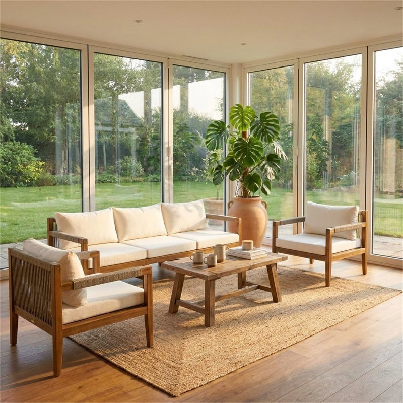 Ensemble de canapé d'extérieur 3 pièces en bois d'acacia, Beige