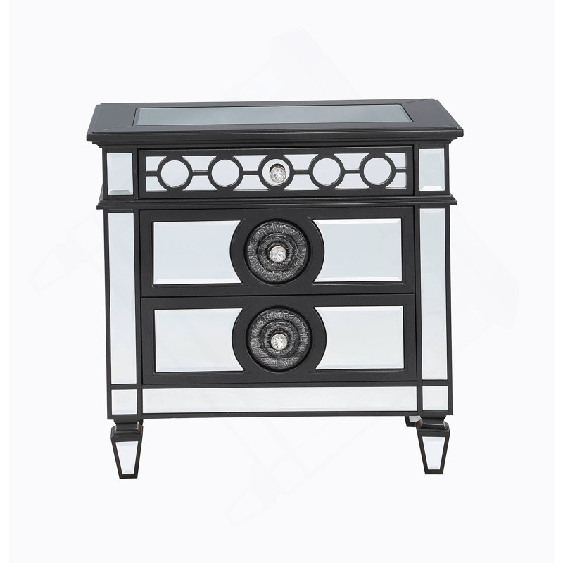 Élégante table de chevet à miroir avec bordure géométrique surélevée et motifs de soleil levant, avec fabrication de tiroir de haute qualité et caractéristiques de sécurité