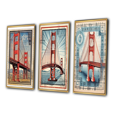 " Golden Gate San Francisco Retro Illustration " 3 - Pieces