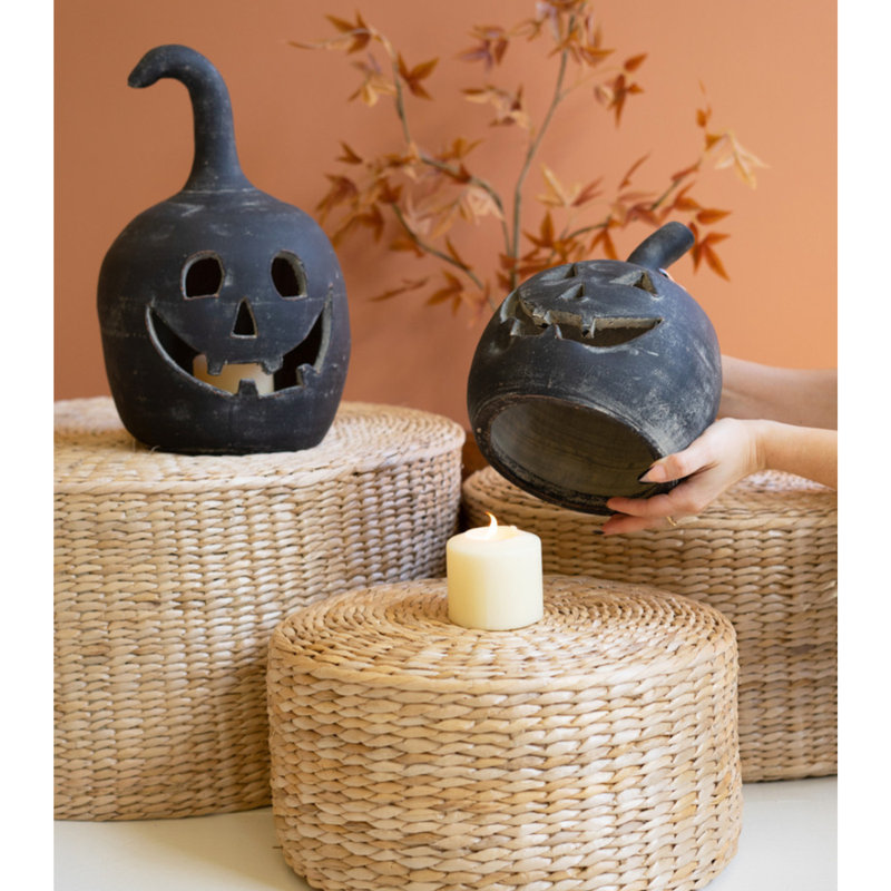 SET OF TWO BLACK CLAY JACK-O-LANTERNS