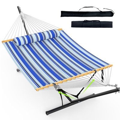 2-Person Quilted Polyester Spreader Bar Hammock with Heavy-Duty Steel Stand, 500 lbs Capacity, Freestanding No-Tools Setup, Weather-Resistant for Patio, Backyard & Indoor Use - Blue