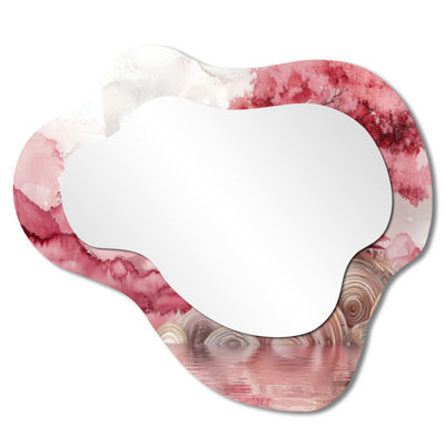Flamingo In A Lake Of Blossom Tranquility I - Flamingo Animal Asymmetrical Wall Mirror, Modern Vanity Mirror, Printed on Metal