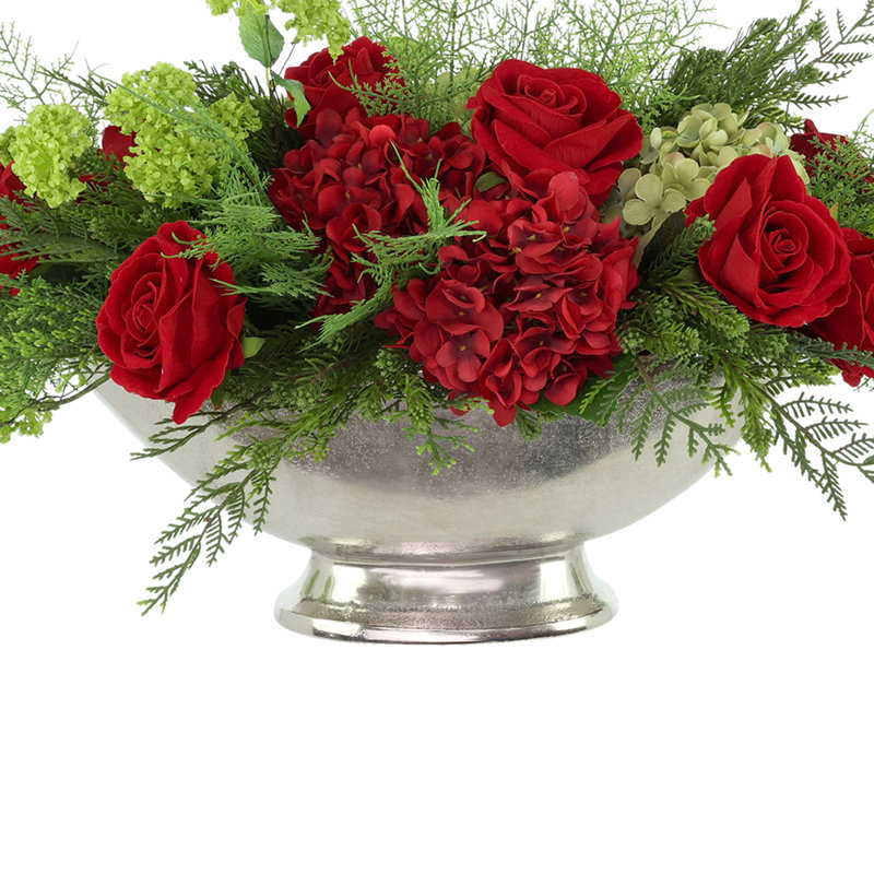 Holiday Centerpiece with Roses and Hydrangeas