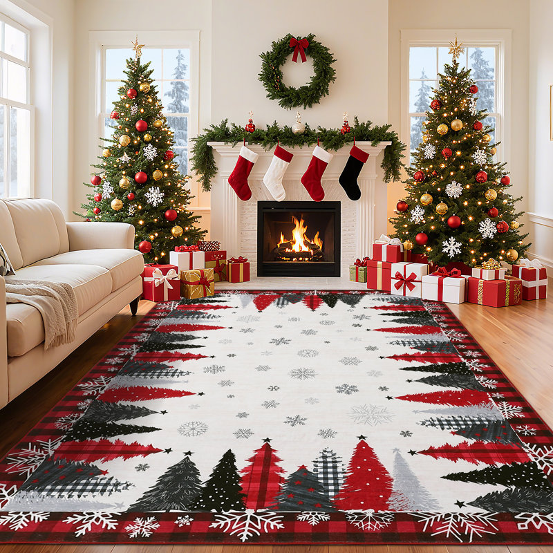 Tapis de Noël lavables, tapis décoratifs de Noël, tapis d'appoint pliables, tapis de fête, Rouge, 4X6 FT