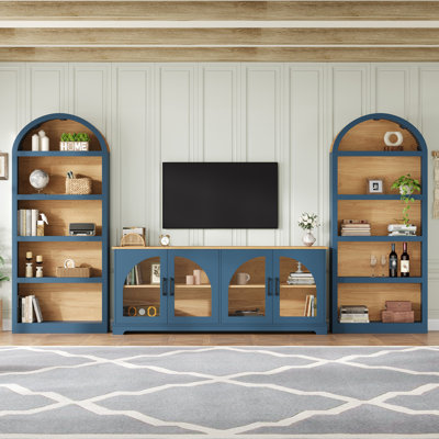 Meuble télé avec bibliothèque pour téléviseur de 70 po ou moins, meuble audio-vidéo avec design arqué, buffet bleu