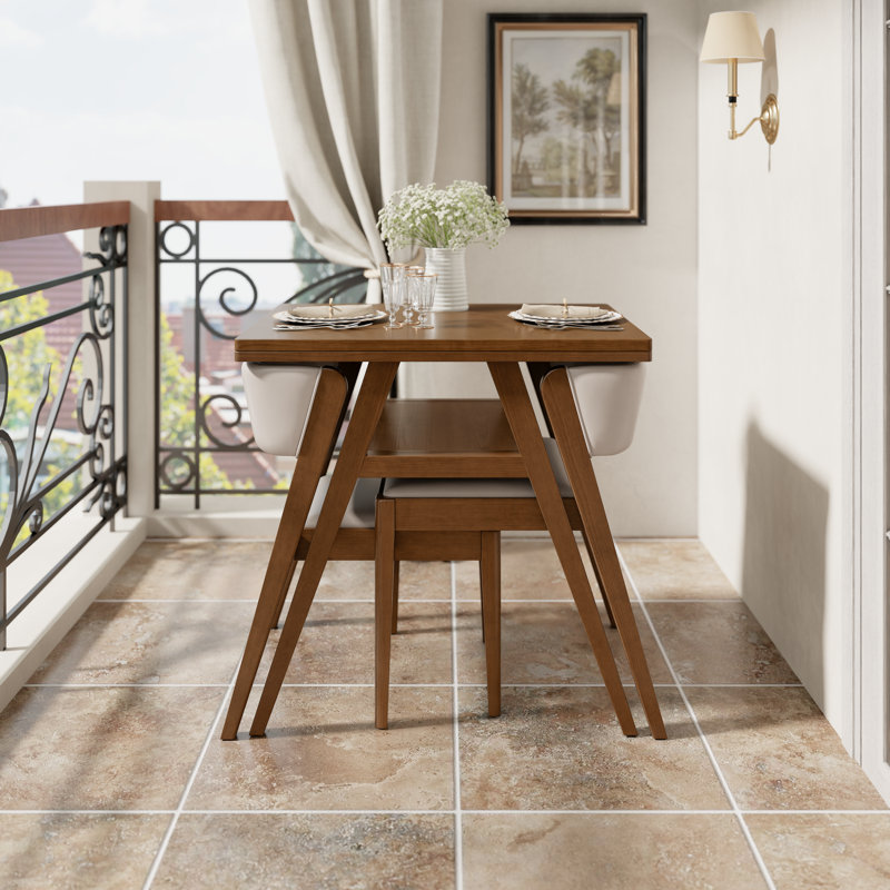 Adryell Solid Wood 3-Piece Dining Set, Under-Table Open Storage & Tiered Stackable Design Chairs for Small Spaces, Brown