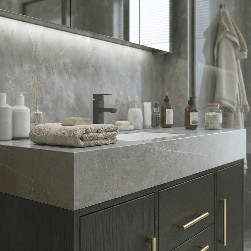 Gethers 39 Inch Floating Bathroom Vanity with Sink Black Cabinet and Sintered Stone Top, Black, Gray