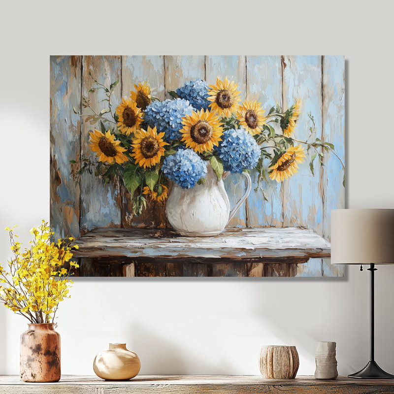 «Dubon Hydrangeas And Sunflowers Farmhouse I - Hydrangea», art mural, H 16 po x l 32 po, Toile tendue, Ne s’applique pas