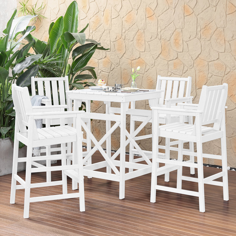 5 Pieces Adirondack Bar Chairs Set, HDPE Patio Bar Height Table And Chairs, Tall Adirondack Outdoor Bar Stools Set, HDPE Patio Bar Table Sets Furniture For Poolside, Balcony, Garden
