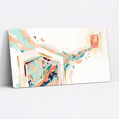 Abstract Teal And Peach Marbled Fluid Flowing Between Canvas Wall Art