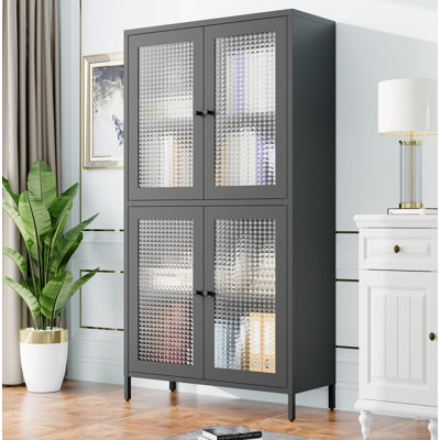 Black Metal Display Cabinet - 4-Shelf Bookcase with Waffle Grid Glass Doors for Living Room/Office