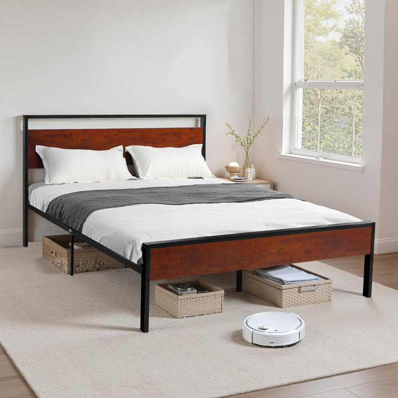 Queen Size Bed Frame, 14 Inch Black Metal Platform Bed Frame with Retro Brown Wooden Headboard and Footboard, Large Under-Bed Storage, Non-Slip Without Noise, No Box Spring Needed, Easy Assembly