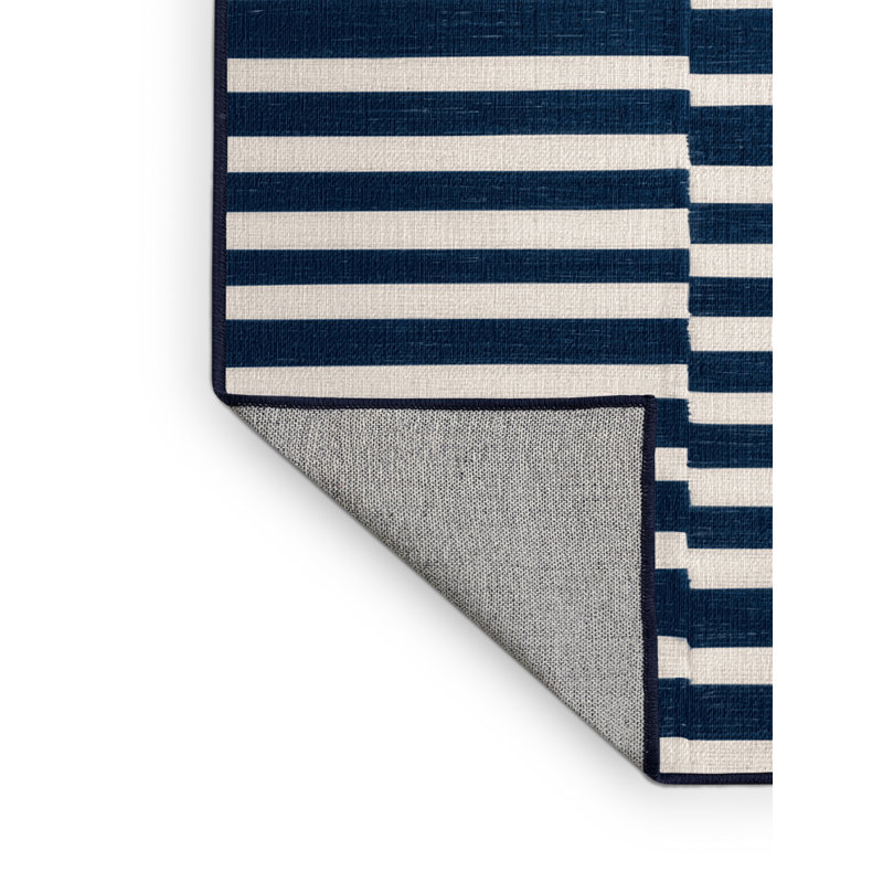 Machine Washable Horizontal Stripes Blue Area Rug, Round 6'