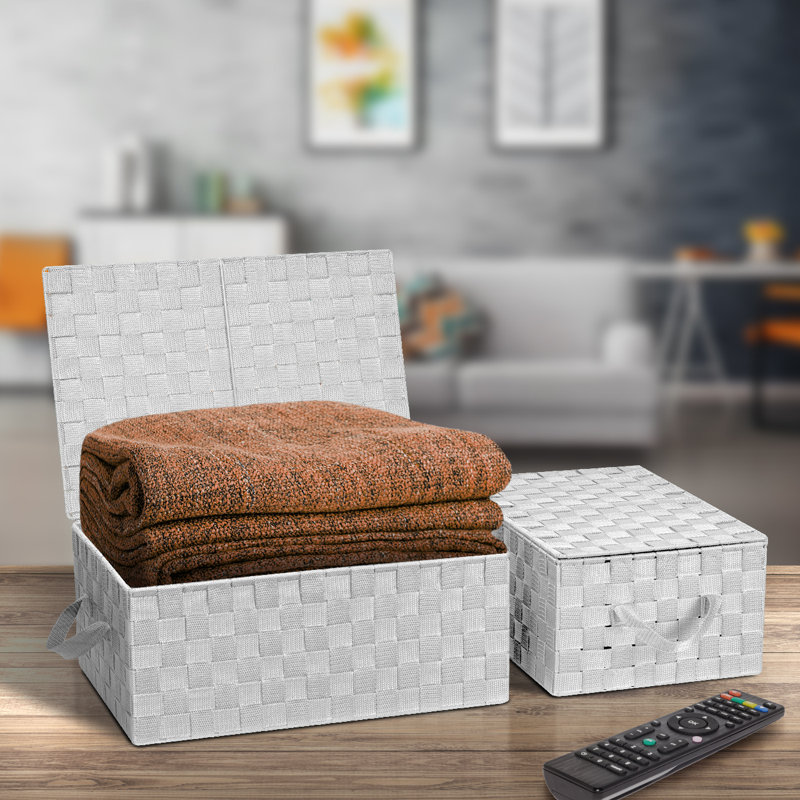 White Woven Lid Storage Basket Set
