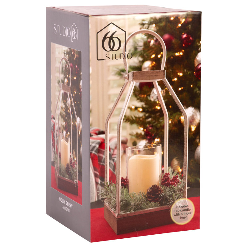 White Iron and Wood Lantern with Faux Holiday Greenery