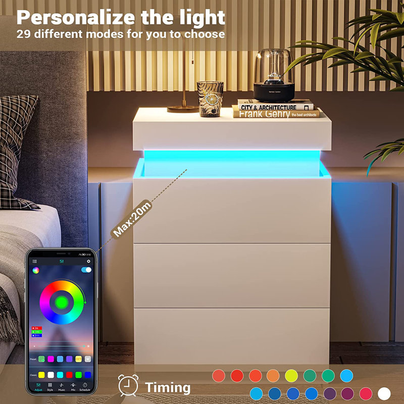Tray Top 3 - Drawer End Table and Built-In Outlets, White