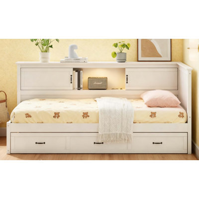 L-Shaped Bed Frame with Drawer and Bookcase, Corner Wooden Captain Bed with LED Downlight and USB Port for Small Rooms