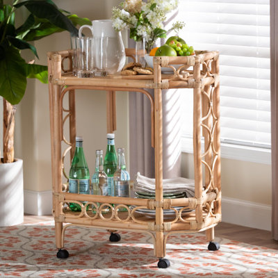 bali & pari Rene Natural Rattan Kitchen Cart - 2-Tier Handwoven Wicker Storage Trolley with Handle for Kitchen or Lounge