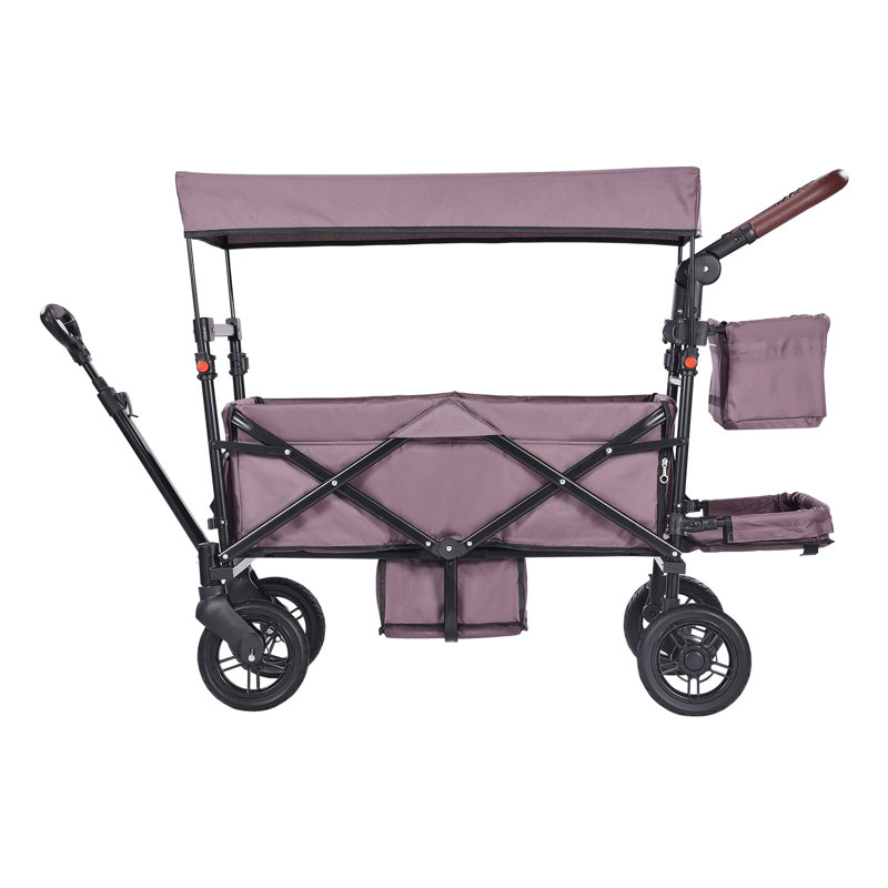 Poussette Wagon pour 2 enfants, poussette pliable quadruple avec poignée réglable, auvent amovible à harnais, 4 roues avec freins, poussette tandem multifonctionnelle pour camping, mauve foncé