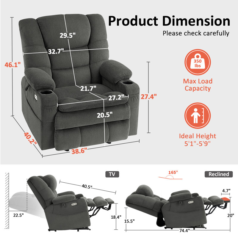 Fauteuil inclinable électrique à deux moteurs avec appui-tête réglable, massage par vibration et chauffage, Gris