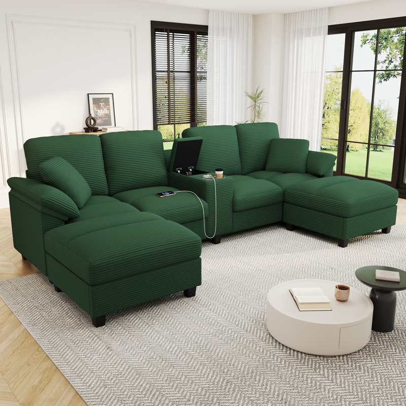 Canapés modulaires spacieux en forme de U, revêtement en velours côtelé avec rangement pour le salon familial