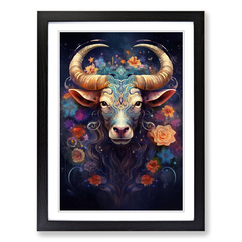 XYZ-FRM-V1223-1610 Taurus Zodiac Impressionism - Single Picture Frame Print on Wood, 34cm H x 25cm W x 2cm D, Black 