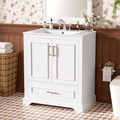 Meuble-lavabo de 30 po avec lavabo, panneau de fibres à densité moyenne et structure en bois massif, 1 tiroir de séparation et 2 portes à fermeture en douceur