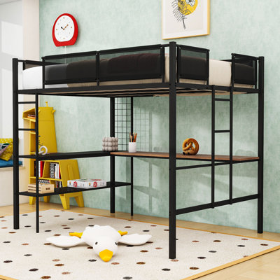 Lit mezzanine double en métal avec espace de travail intégré, tablettes