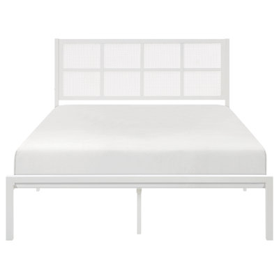 Metal Queen Platform Bed, White And Faux Cane Headboard, Casual Coastal Bedroom, Box Spring Excluded Bedroom With No