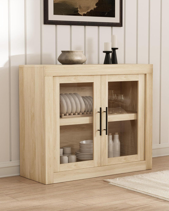 35.4-Inch Sideboard Buffet Cabinet with 2 Glass Doors and Storage - Wood Coffee Bar Unit for Living Room, Kitchen or Hallway