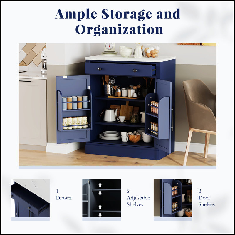 Garde-manger autoportant moderne, rangement pour nourriture buffet, armoire à café avec tiroir, 2 tablettes réglables et 2 tablettes de porte pour la cuisine et la salle à manger