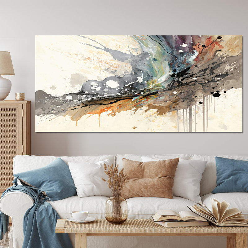 «Jazz Rhythms In Shades Of Grey III», art abstrait à l'encre liquide, Toile tendue, H 28 po x l 60 po x P 1,5 po