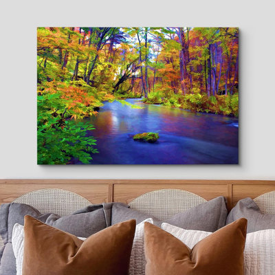 Lake River Landscape " Multicolor Autumn Forest With Blue River Floral Nature "