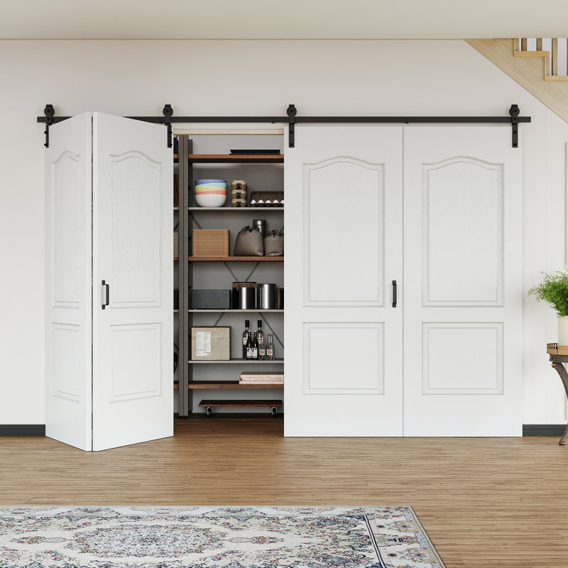 Closet Doors Bi-Fold Barn Door Arched 2-Panelled White Manufactured Wood Pre-Assembled Double Bi-Fold Barn Door 128" x 84" With Installation Hardware Kit (Ideal for Tiny Closet,Pantry,Laundry,Bathroom)
