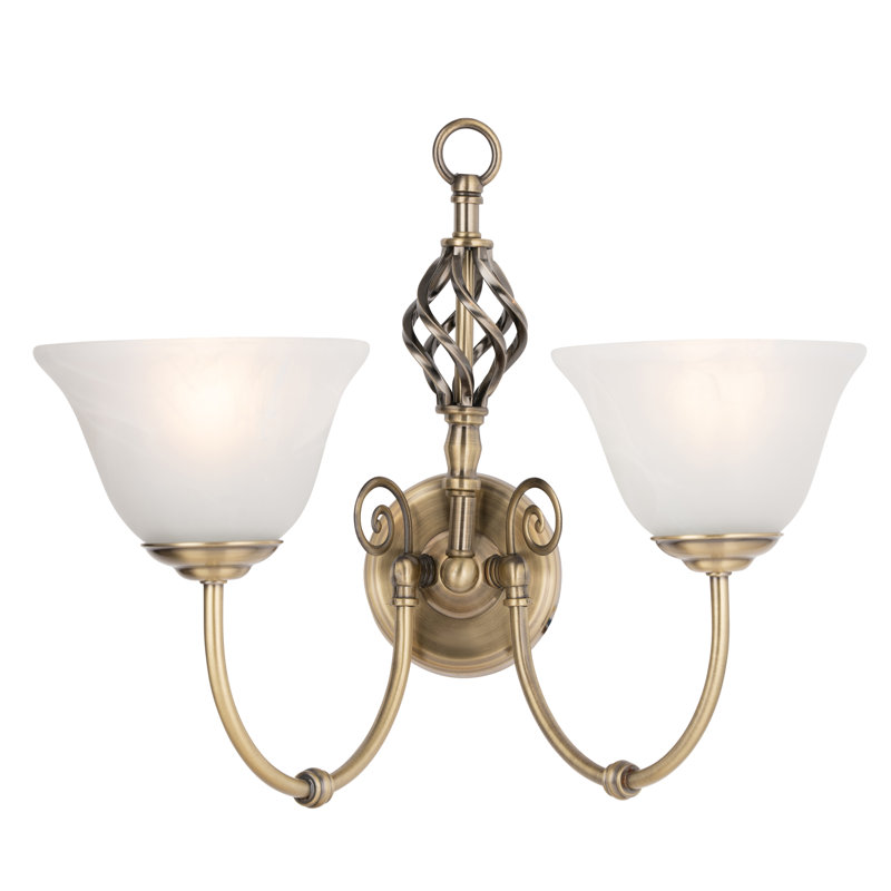 Laticia 2 Light Double Wall Light Scone with Alabaster Glass Shade, Antique Brass
