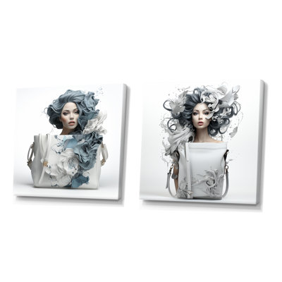 Blue And White Woman And Hand Bag Fusion I - Fashion Bag Wall Decor Set Of 2