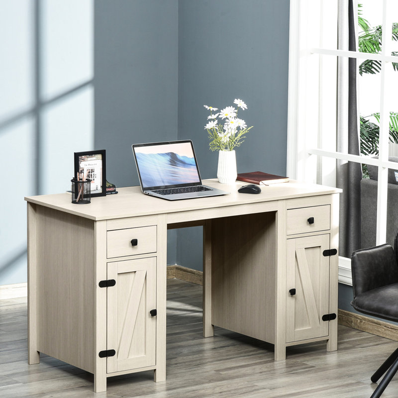 Bureau d'ordinateur avec rangement, couleur blanc crème. 2 tiroirs et 2 placards. Parfait pour ranger vos affaires du quotidien. Étagère réglable. Panneaux de qualité et finis en acier. Dimensions : 133 cm (L) x 60 cm (l) x 76 cm (H). Charge maximale : 60 kg. À assembler soi-même.