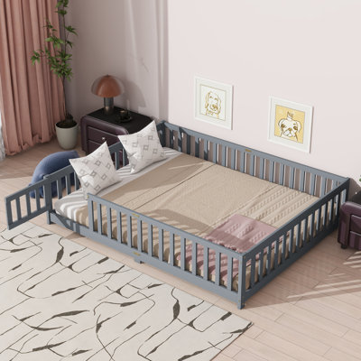 Queen Size Floor Bed With Fence,Door,Rubber Wood Floor Bed With Safety Guardrails,Grey