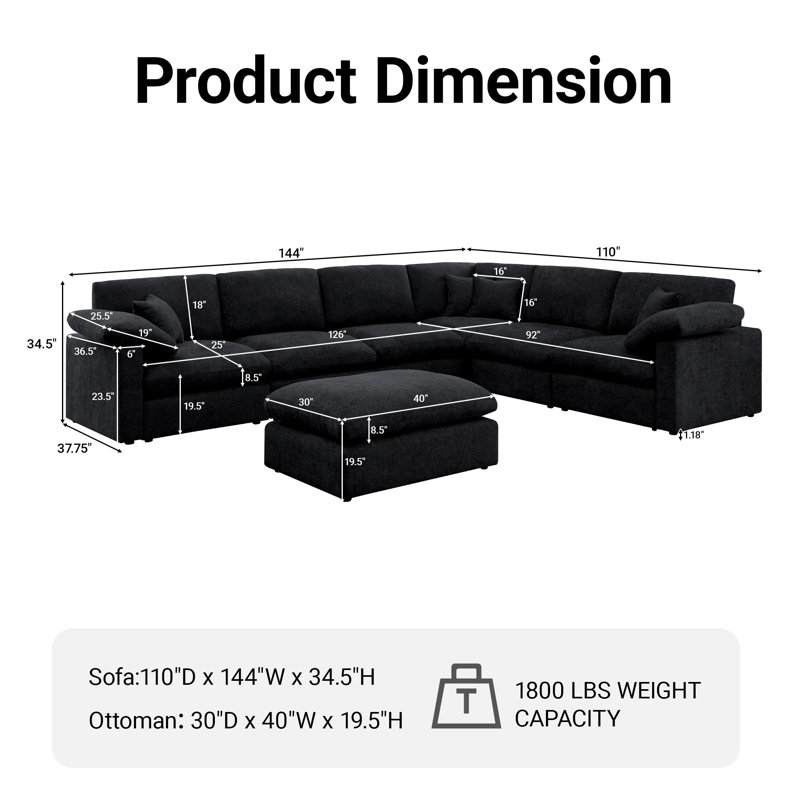 144" Chenille Sectional Corner Sofa 7 Pieces Oversized Comfy Modular Reversible Couch With Upholstered Movable Ottoman
