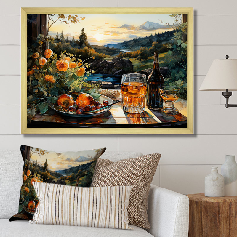 Repas de pique-nique, charme sur toile, H 12 po x l 20 po x P 1 po, Cadre doré simple