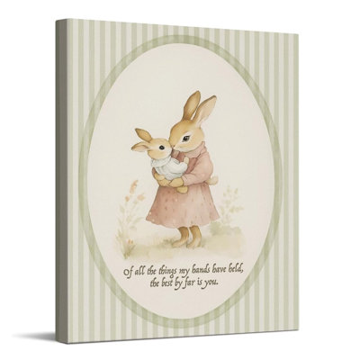 Mother Bunny Holding Baby Art Print, Vintage Nursery Wall Art, Soft Pastel Illustration Decor, Cute Animal Theme Home Decorations, Wrapped Canvas Artwork, 8X10 Inch