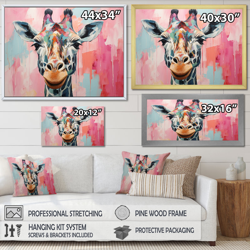Portrait de girafe brune et rose - art mural girafe, Cadre de coin blanc fermé, H 16 po x l 32 po x P 1 po