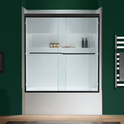 Baignoire de trempage en alcôve 60 po x 32 po WOODBRIDGE et 4 pièces directement au colombage avec drain à droite, incluant une porte de baignoire coulissante double de 56 à 60 po, verre trempé transparent au fini noir mat