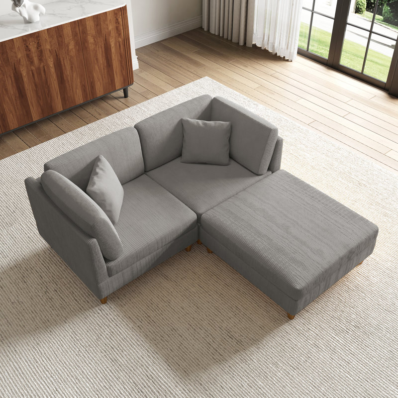 Canapé modulaire rembourré en velours côtelé 3 pièces avec dossier coussiné et repose-pieds amovible 3 pièces