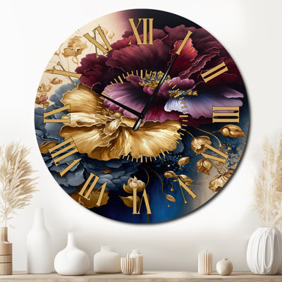 Horloge murale bourgogne et bleue Floral Bunch I - Floral & Botanical