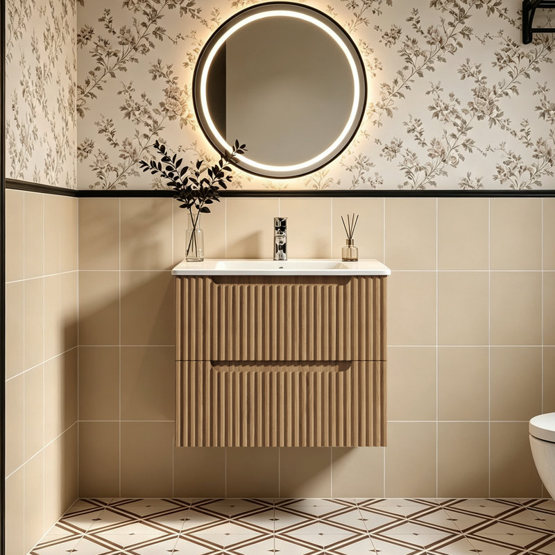 Meuble-lavabo suspendu en noyer de style Mid-Century, 61 cm (24 po), meuble de salle de bain suspendu moderne.