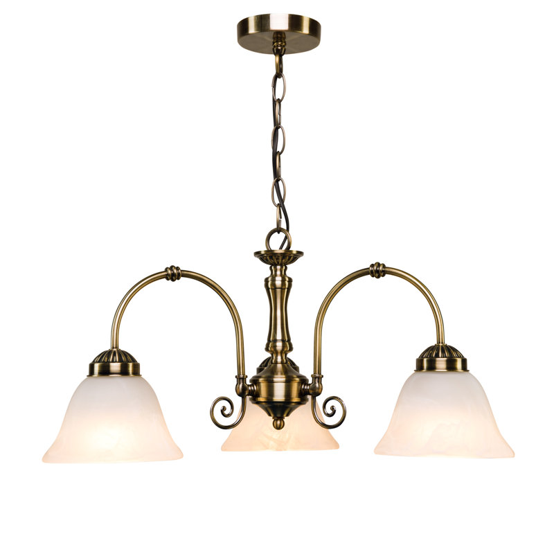 Brazell 3-Light Shaded Antique Brass Down Light Chandelier Alabaster Style Glass