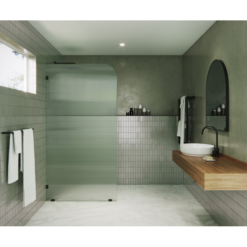 Aurora 40 in. x 78 in. Fully Frameless Fluted Radius Single Fixed Shower Panel, Matte Black, Left