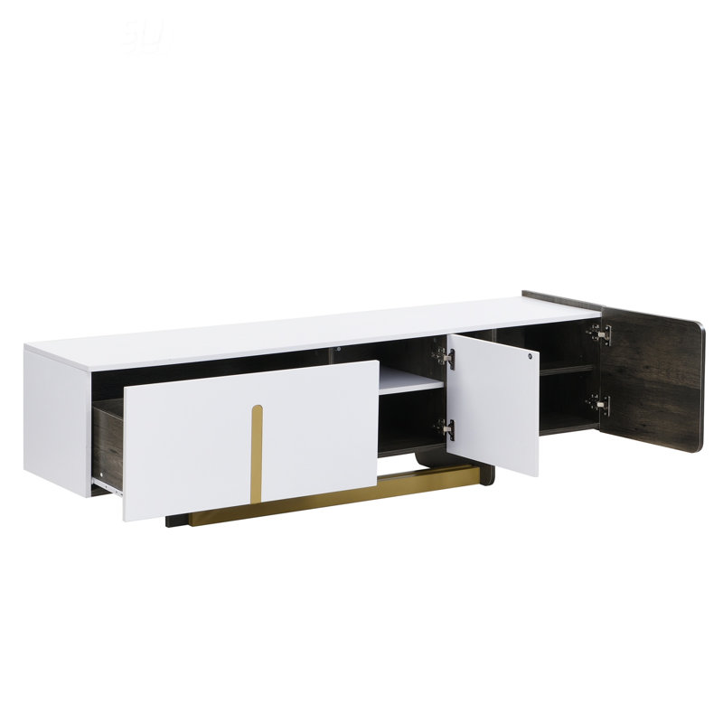 Meuble télé léger avec pieds en métal, 1 tiroir, 2 armoires et tablettes réglables, Blanc
