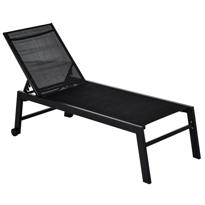 Black Outdoor Chair For Poolside, 5 Reclining , 2 Wheels, Lawn, Beach Pool With 5 Adjustable Positions And Wheels - Patio Lounge